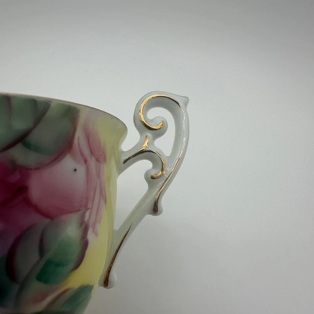 Lefton China Hand Painted Rose Teacup and Saucer Set CY222 Pink Yellow Gold Trim